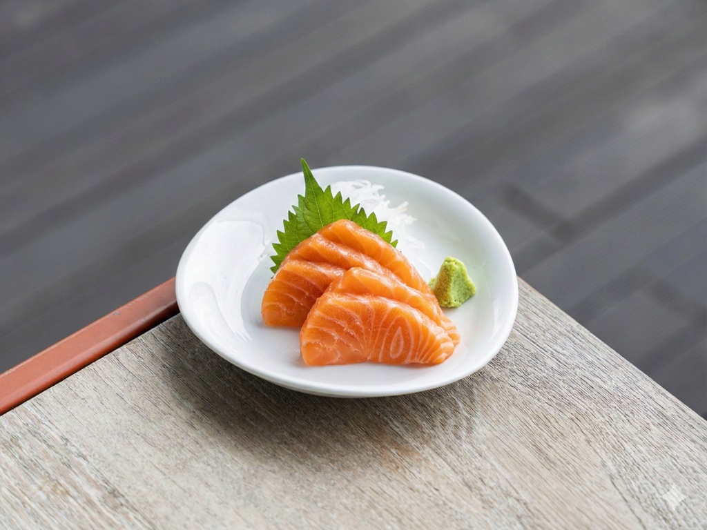 Premium salmon sashimi at Tanuki Raw — fresh, chef-cut, served with wasabi